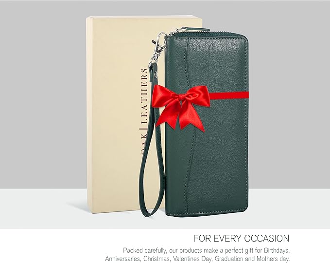 Oak Leathers Green Leather Wallet for Women - Medium RFID Womens Wallet Clutch with 8 Credit Card Holder, Coin Pocket, Gift for Women’s