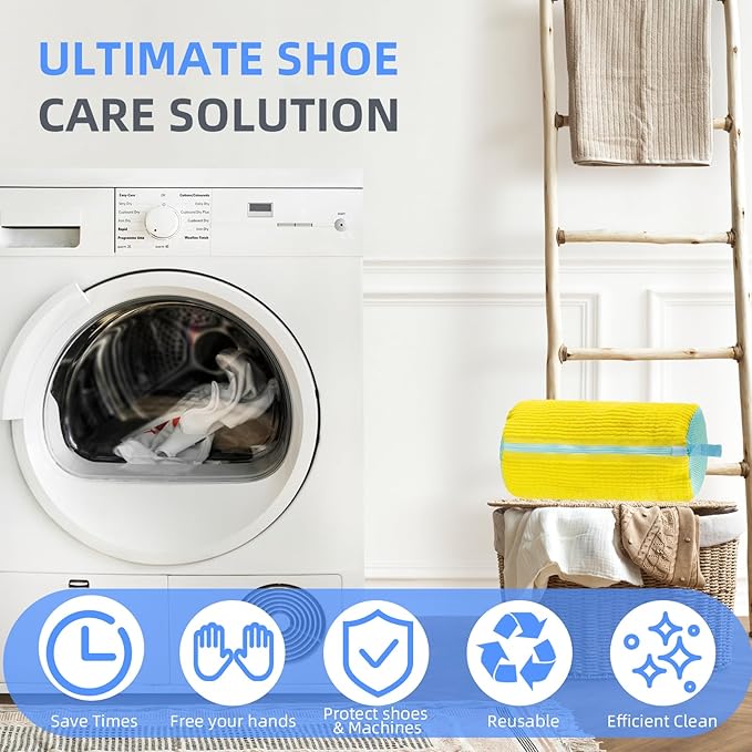 Shoe Washing Bag for Washing Machine,Fluffy Fibers Keep 360° Wrap-around Cleaning,2PCS Laundry Shoe Bag for Washer and Dryer,Invisible Zipper Side Opening Reusable Shoe Washing Bag for All Shoes