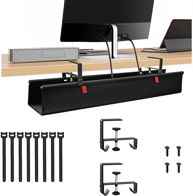 No Drill Cable Management Under Desk, 36" Cord Organizer for Table, Clamp/Screw Mount Cable Tray, Premium Black Fabric Desk Cord Management Tray for Office, Home (Large (36 Inch))