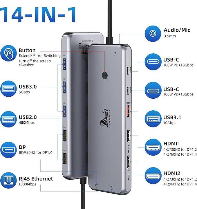 13 in 1 Laptop USB C Docking Station - Dual Monitor, 8 USB C/A Ports, Ethernet, Audio - LIONWEI USB C Hub for MacBook,Dell,HP,Lenovo,Surface
