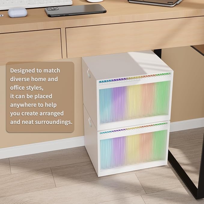 Bamboo Hanging File Boxes with Lids 2 Pack, File Organizer Box for Letter/Legal File, File Box with Hanging Folders Acrylic Light Easy Assembly File Storage Boxes for Office Home, White