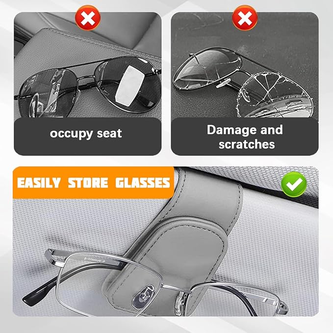 Sunglasses Holder for Car Visor, Microfiber Leather Magnetic Sun Visor Eyeglasses Hanger & Ticket Card Clip, Multi-Function Automotive Interior Glasses Mount, Universal Fit (Light Gray)