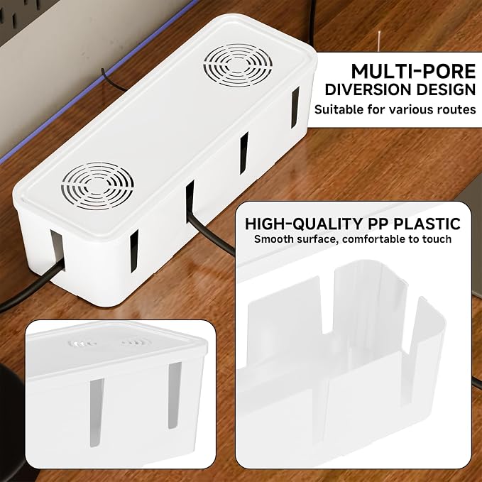 Cable Management Box, Cable Organizer Box and Power Strip Box, Power Strip Protector Box - Wire Box Hider for Desk - 10 Open Slots (White)