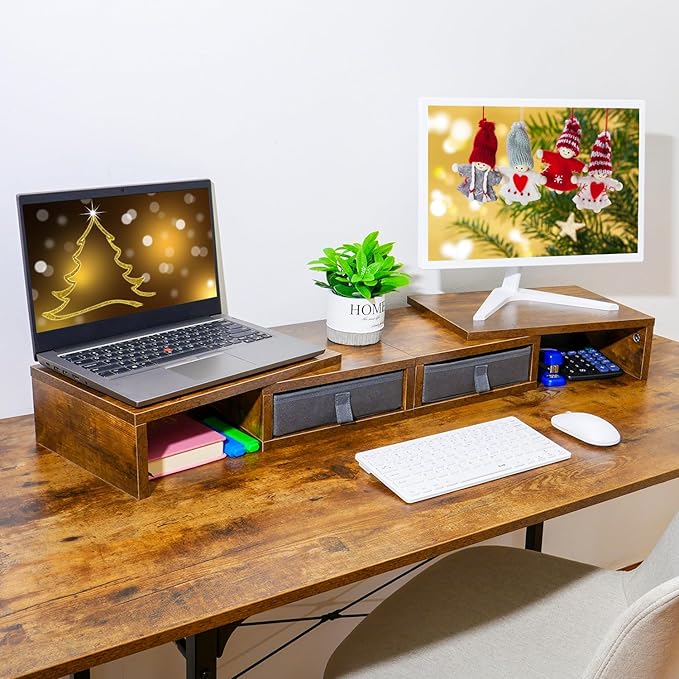 TEAMIX 2 Pack and 2 Drawers Rustic Brown Wood Monitor Stand Riser for 2 Monitors/Laptop/PC, Wood Screen/TV Stand Desk Organizer.