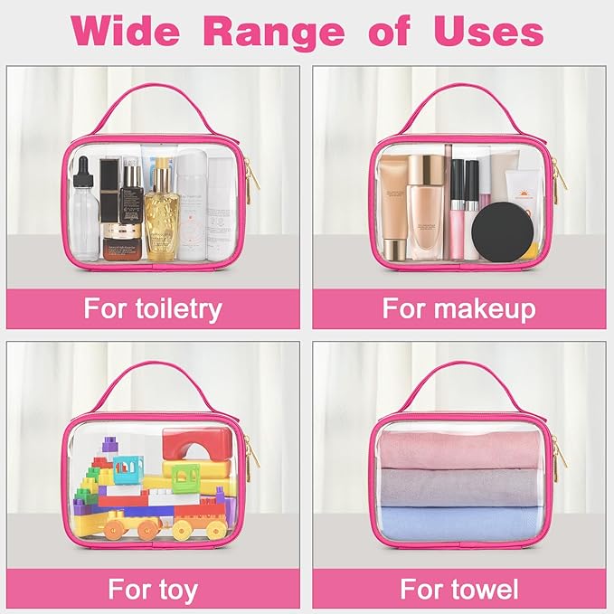 Wedama TSA Approved Toiletry Bag, 2 Pack Clear Makeup Bags with Handles, Quart Size PVC Clear Cosmetic Bags for Women and Men, Carry on Airport Airline Compliant Bag, Rose Red