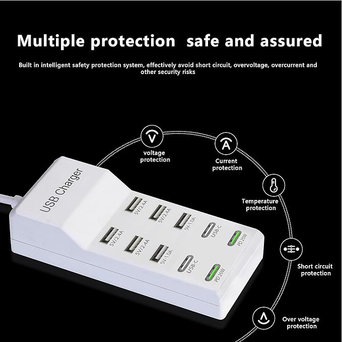 USB Charger,100W USB Charging Station with 10-Port(6 USB-A Port&2 USB-C Port&2 PD20W) Compatible with iPhone 15/14/13/13pro Max 12/12 Mini/12Pro/12 Pro Max/11,Tablets, Smartphones White
