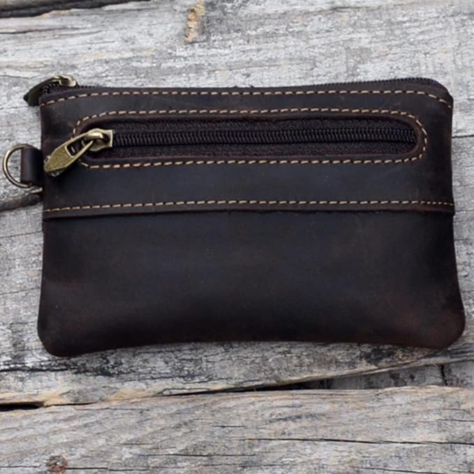 JJNUSA Genuine Leather Zipper Coin Purse for Men, Credit Card Case Holder, Mens Tray Purses Coin Purse Cash Change Wallet Car Smart Holder Money Pouch Darkbrown