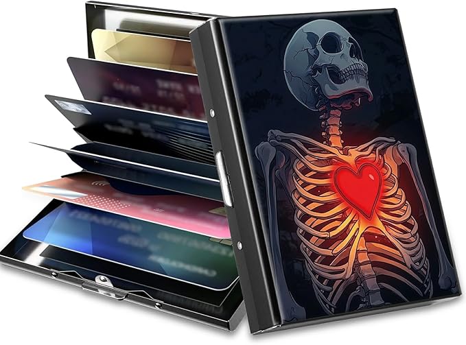 Slim Credit Card Holder, Skull Heart RFID Blocking Metal Wallet for Men & Women, Aluminum Minimalist Hard Case Pocket-Sized Business Cards Organizer (Fits Up to 10 Cards)