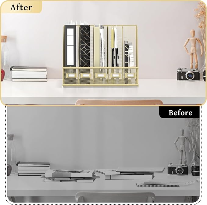 SUPEASY Desk Organizers Metal Desk Magazine File Holder with 5 Vertical Compartments Rack File Organizer for Office Desktop, Classroom, Home Workspace, Golden Yellow, Plus