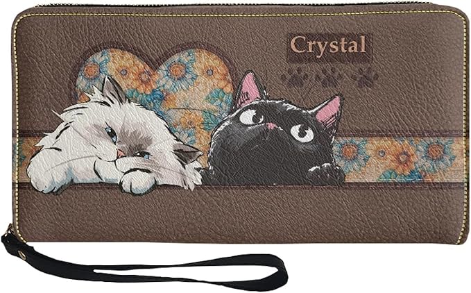 Bulopur Custom Name Wallet for Women Zip Around Clutch Purse PU Leather Waterproof Travel Wallet Passport Holder Ladies Handbags Gifts for Cat Lovers