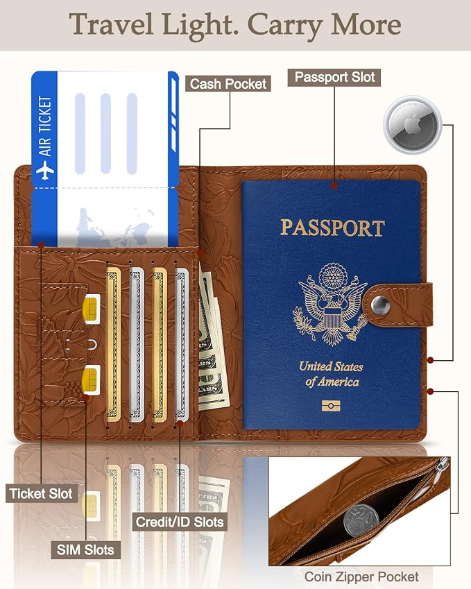 Slohif Floral Embossed Passport Wallet - Elegant Passport Wallet with AirTag Holder & RFID Blocking Slim Vegan Leather Passport Cover with Money Pocket and Card Slots Rust Brown