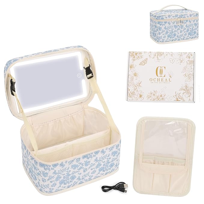 OCHEAL Makeup Bag With LED Mirror, Travel Makeup Bag With 3 Color Setting Light Up Mirror Cosmetic Organizer Vanity Case for Women Beauty Tools Accessories Rechargeable Makeup Travel Bag-Black