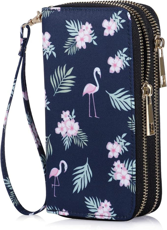Cellphone Wallet for Women Dual Zipper Long Purse with Removable Wristlet