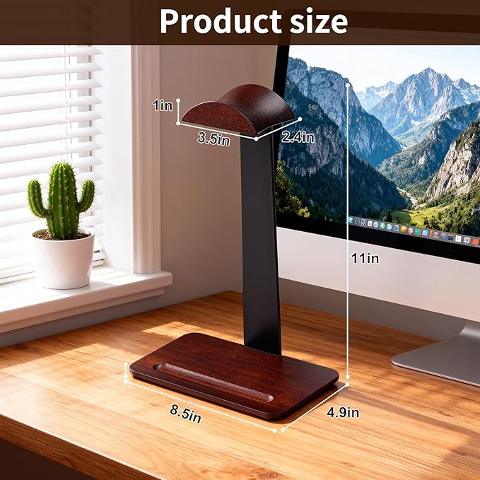 Walnut Headphone Stand with Pen Holder - Solid Wood Headset Stand for Desk, Wooden Headphone Holder and Executive Desk Organizer for Office, Compatible with AirPods Max, Sony, Bose Headphones, Brown