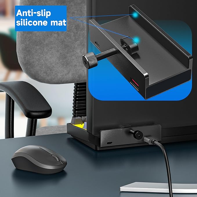 USB C Hub Clamp Aluminum 2-Port USB 3.0, USB C Data Port, SD/TF Card Reader for 0.39''-1.18'' Thickness Desktop PC, Desks,Monitor Stand Desktop Powered USB Hub and Cell Phone Holder (Black)