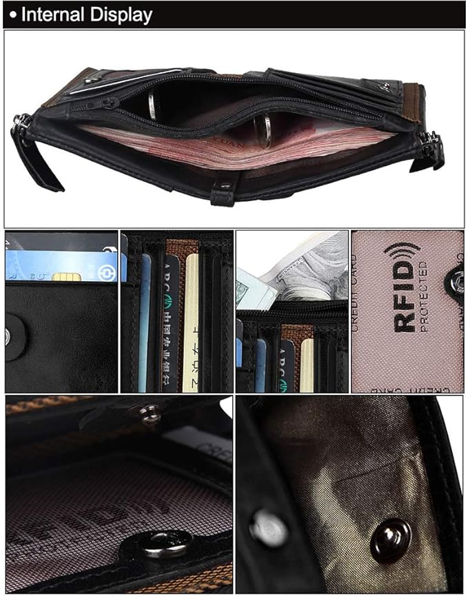 Men's Folding Double Zip Wallet RFID Blocks Retro Short Coin Purse