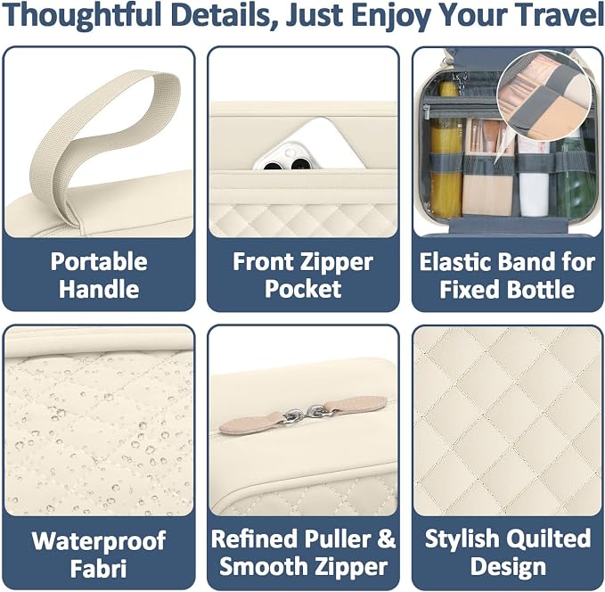 Vankor Travel Toiletry Bag for Women with Hanging Hook, Waterproof TSA Approved Cometic Toiletry Bag Organizers Leakproof Make up Bags for Women Beige