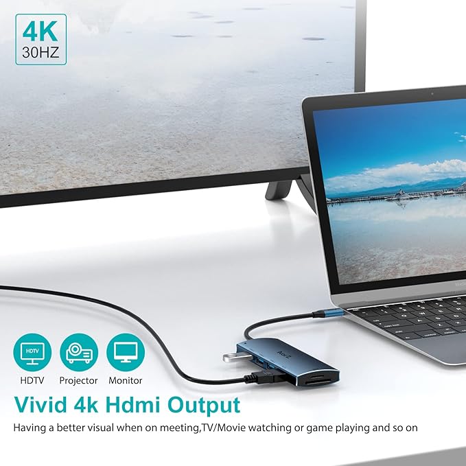 USB C Hub, USB Hub to HDMI Multiport AorZ USB c Dongle Adapter 7 in 1 with 4K HDMI Output,3 USB 3.0 Ports,SD/Micro SD Card Reader,100W PD, Compatible with Macbook,XPS and More Type C Device(Deep Blue)