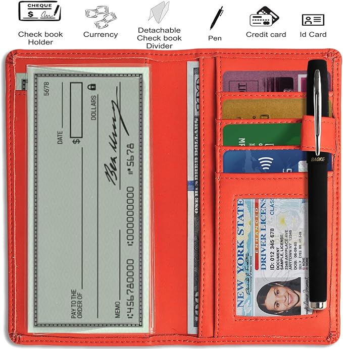 Sanlykate Leather Checkbook Cover for Men and Women, Check Book Case Card Holder with Free Divider, Standard Register Duplicate Checks with pen inserts, Tangerine
