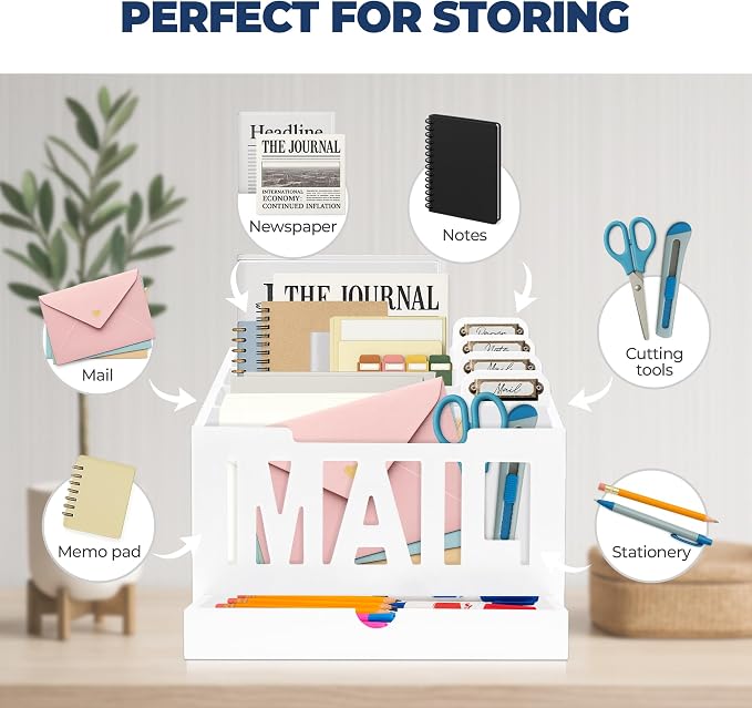 Mail Organizer Countertop – White Holder for Desk with 4 Slots, Drawer & Label Tags, Decorative Desktop Sorter, Envelope Tray for Home Office Organization (11x7x9.5 in)