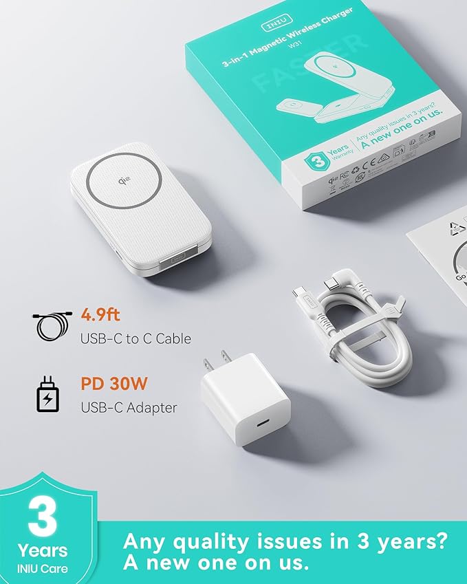 INIU Foldable Magnetic Wireless Charger, Qi2 Certified 3-in-1 Travel Charging Station with 15W Fast Charge - Compatible with Mag-Safe for iPhone 17/16/15 Series, Apple Watch, AirPods (White)