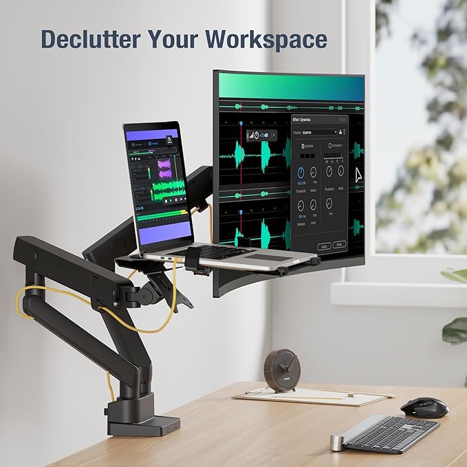 AVLT Laptop and Monitor Arm, Fits 15.6" Notebook and 38" Screen, Dual Full Motion Adjustable Arms, Ergonomic VESA Mount to Organize Work Surface & Remove Clutter