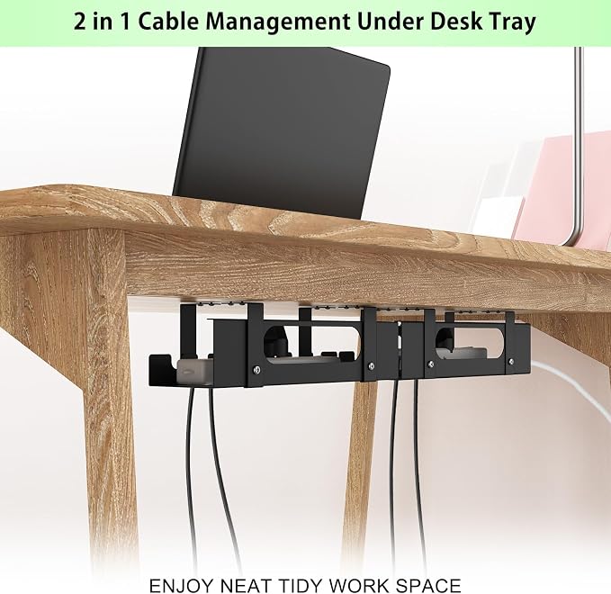 2 in 1 Cable Management Under Desk Black, Adjustable Length(15.7”-31.4”) Extendable Large Cable Management Tray, Cord Hider for Wire Organizer, Cord Organizer for Office, Home