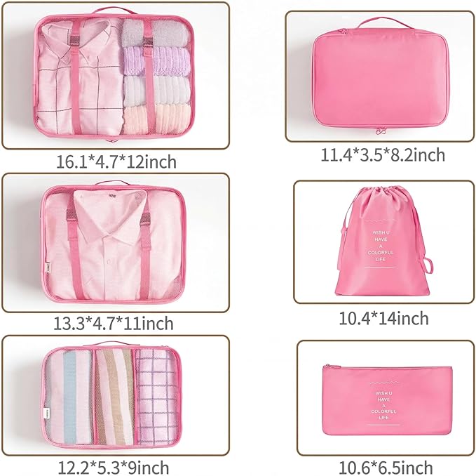 LANSKLBD 6/8 Set Packing Cubes for Suitcases Travel Luggage Packing Organizers,Travel Accessories Essentials Luggage Organizer with Shoe/Tioletry/Laundry Bag (Pink, 6 set)