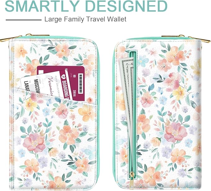 Family Passport Holder Wallet RFID Blocking Document Organizer PU Leather Mulit-purpose Travel Wallet Credit Cards Case for Women Men, Watercoler Floral