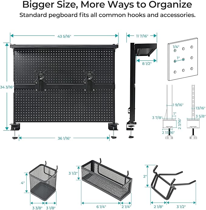 EUREKA ERGONOMIC Pegboard with Dual Monitor Stand,Steel Pegboard for Desk,Computer Accessories for Office, Privacy Panel for Gaming Desk, 4 Accessories Modular Hanging,43 x 34inch, Black