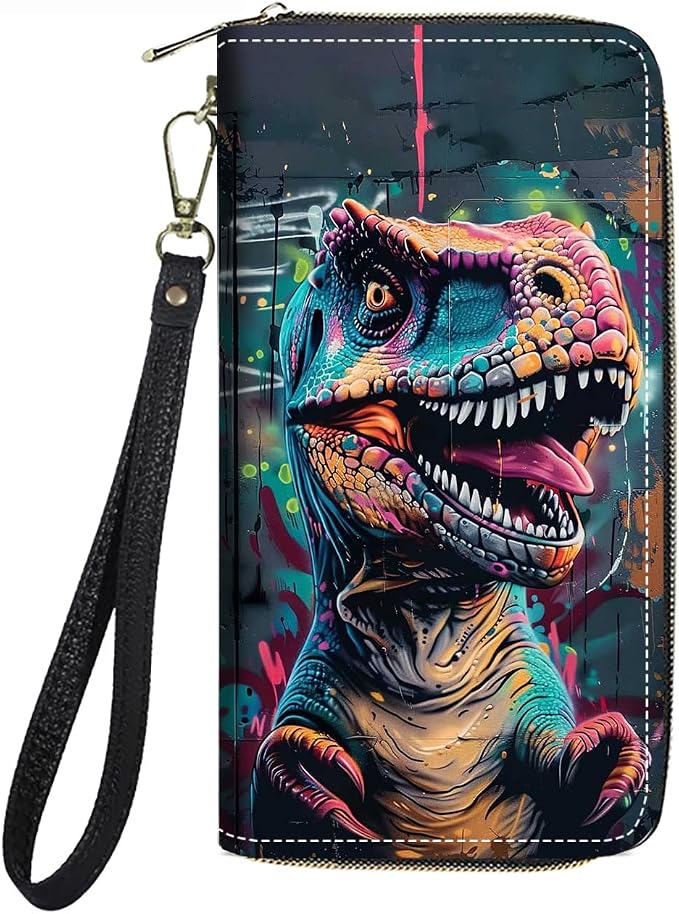 Women's Large Capacity Wallet PU Leather Zip Around Clutch Purse Multifunctional Wallet with Removable Wristlet Strap for Smart Phone/Coin/Card/Cash - Dinosaur