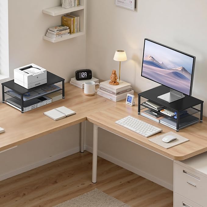 ECOLOVI 2-Tier Computer Monitor Stand Riser, Desk Organizer for Monitor, Printer & Laptop Stand, Desktop Workspace Organizers for Office Supplies(Black 2-Pack)