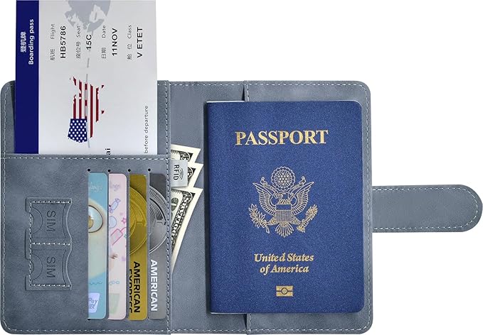 Passport Holder, Passport Cover with Credit Card Slot and Boarding Pass Slot Combo, Passport Wallet Case Book Travel Must Have, RFID Blocking Leather Travel Accessories, Navy Grey