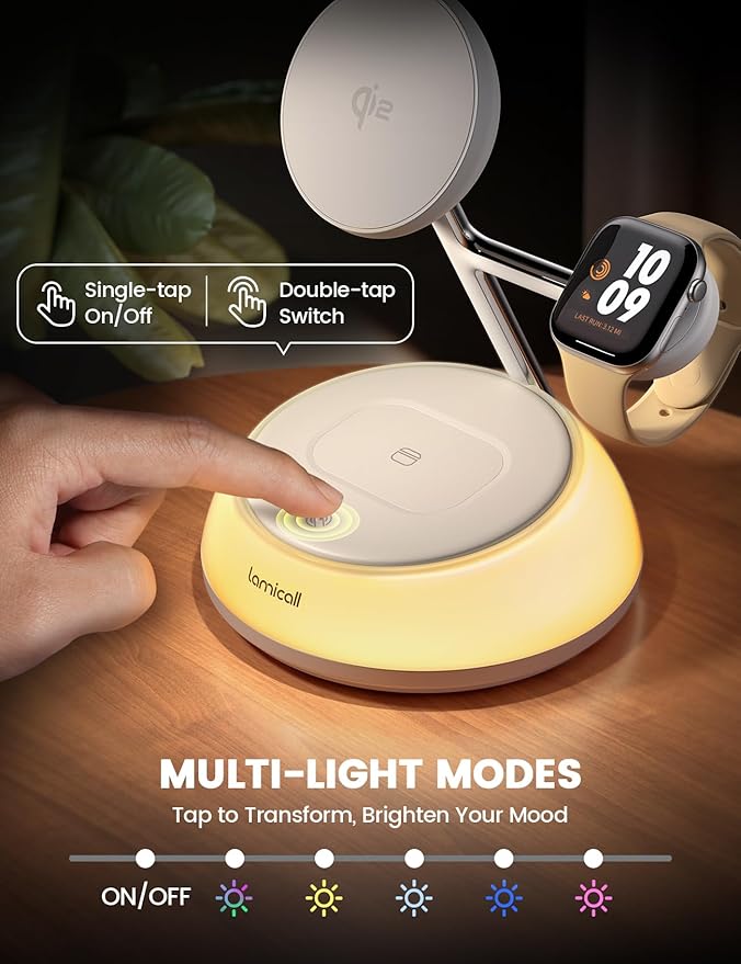 Lamicall 4-in-1 Qi2 Certified Wireless Charging Station for Magsafe, [LED Night Light] 15W Fast Magnetic Charger Stand Gifts, Compatible for iPhone 17 16 15 14 13 Series, Watch, Air pods, 30W Adapter