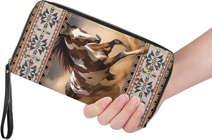 Bulopur Navajo Aztec Horse Wristlet Wallet for Women Zip Around Wristlet Purse PU Leather Waterproof Minimalist Wallet Long Handbags Coin Cash Holder Clutch Purse Gifts for Ladies