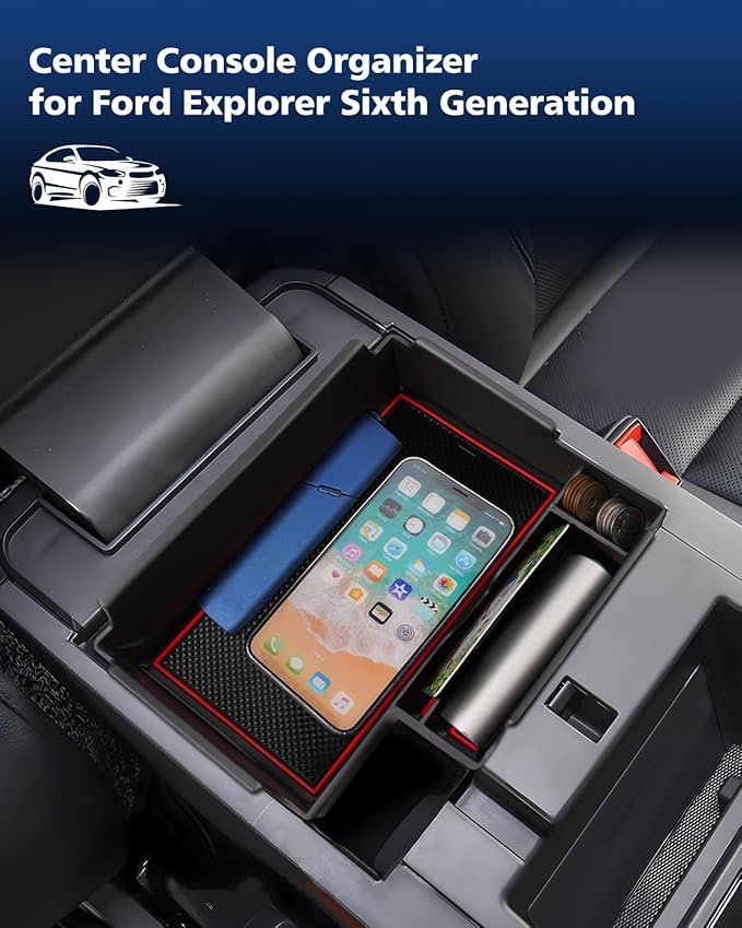 FIILINES Center Console Organizer for Ford Explorer 2020-2025 2026, Center Console Tray Secondary Armrest Storage Box ABS Insert Container with Anti-Slip Mats