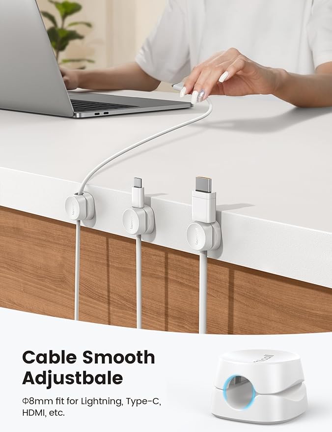 8Pack Cord Organizer [1s Lock] Spring Cable Management Clips - Lamicall Desk Organizer Cord Holder, Adhesive Cable Clips, Phone Charger Wire Keeper for Nightstand Car Office Desk Accessories, White