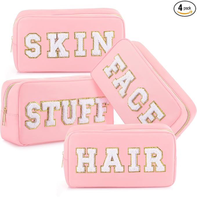 Remerry 4 PCS Nylon Cosmetic Bags Waterproof Spacious Travel Makeup Organizer for Women Chenille Letter Preppy Zipper Pouch Face Stuff Skin Hair Organizer Gift(Pink)
