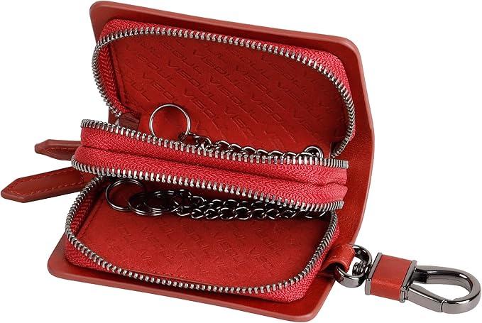 VISOUL Car Key Case Holder Double Zipper, Leather Car Smart Key Fob Case with Keychain for Men and Women