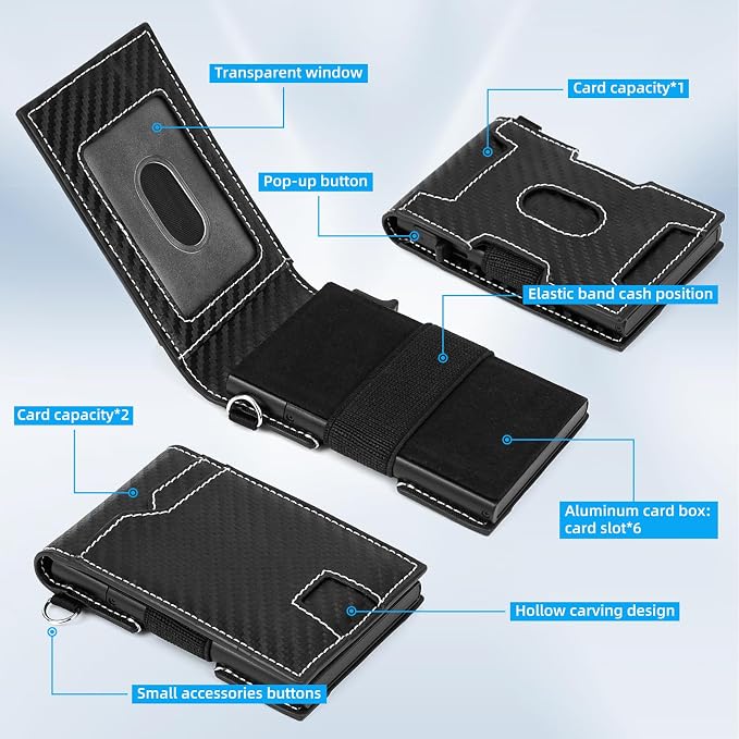 Slim Wallet for Men, Smart Wallet with RFID Blocking - Men's Wallet Minimalist Passport Credit Cards Holder Pop-up Aluminum Wallet Holder, Carbon Fiber Leather Wallet 10 Cards Capacitiy