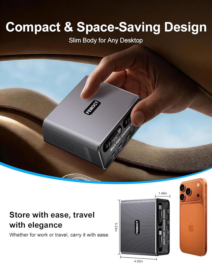 6-in-1 Retractable USB C Charger, 100W GaN Desktop Charging Station for Multiple Devices, Dual 2.3ft Built-in Retractable Cords, PD 65W Fast Charger for iPhone 17/16/15, Galaxy S26, Home Office