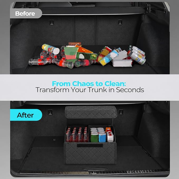 Leather Car Trunk Organizer with Lid,65L Foldable Storage Box for Universal Cars, SUVs, Sedans and MPVs, Removable Divider, Carry Handles, Black