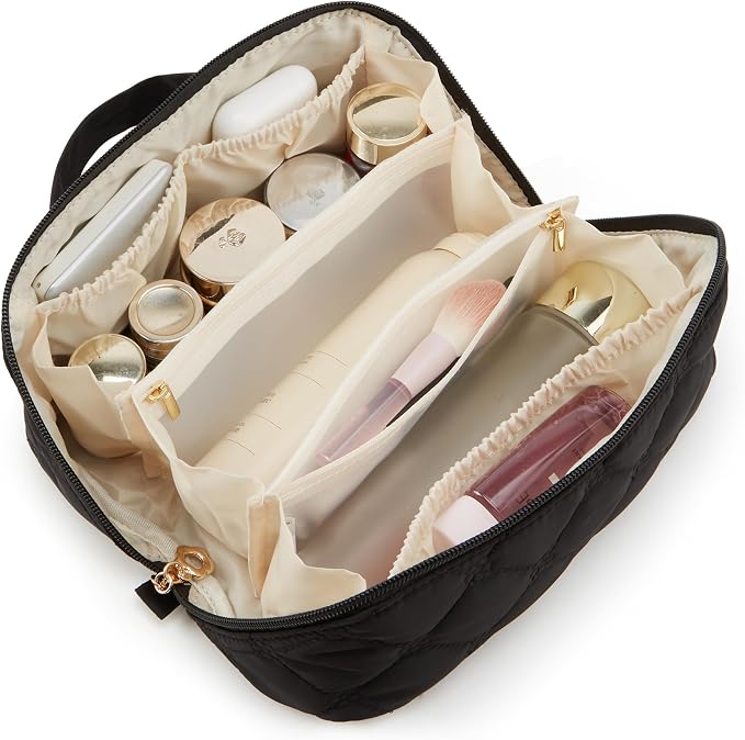 YTL Travel Makeup Bag, Puffer Cosmetic Bag for Women, Waterproof Puffy Padded Make Up Bags, Flat Open Portable Organizer Case Toiletry Bag Pouch Purse for Skincare, Brushes & Travel Essentials