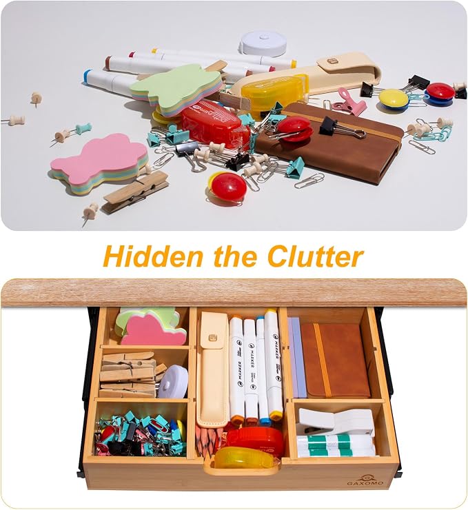 Under Desk Bamboo Drawer with U-Shaped Hollow Panel to Pull Out, 13'' Long & 9.5'' Deep Adjustable Space Storage Organizer for Sit Stand Workstation