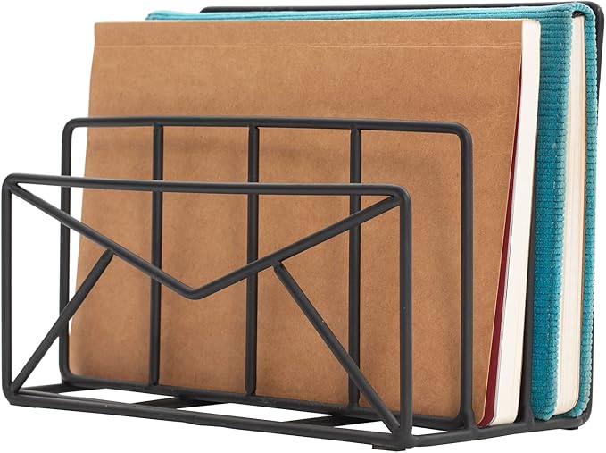 MyGift 3 Slot Modern Black Metal Wire Freestanding Desk Mail Sorter with Envelope Design, Office Desktop Letter, File, and Bill Compact Storage Organizer