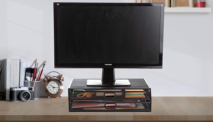 Mind Reader Monitor Stand, Ventilated Laptop Riser, Storage Drawer, Office, Metal Mesh, Black