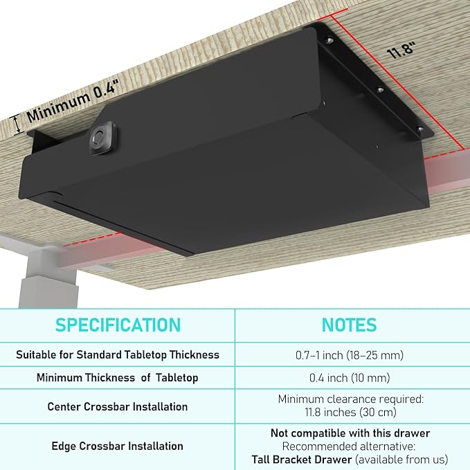 Under Desk Drawer with Biometric Fingerprint Lock, Metal Undermount Table Drawer, Slides out Tray Organizer for Paper, Pencil, and Laptop 16"x11.8"x3.6", Black