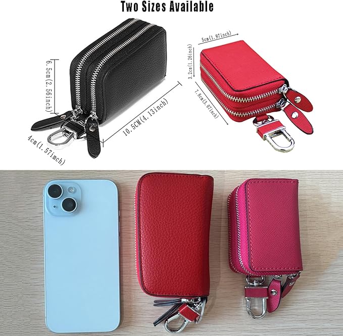Key Fob Case Genuine Leather, Double Zipper Car Key Holder & Key Wallet with Keychain, Key Pouch for Purse Gift