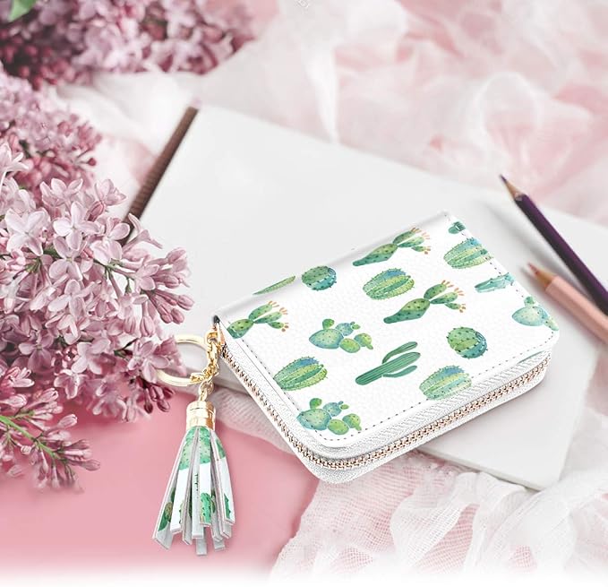 Coco Rossi Women's Small Credit Card Wallet RFID Cute Cactus Card Holder for Women with Kaychain & Keyring, Cactus