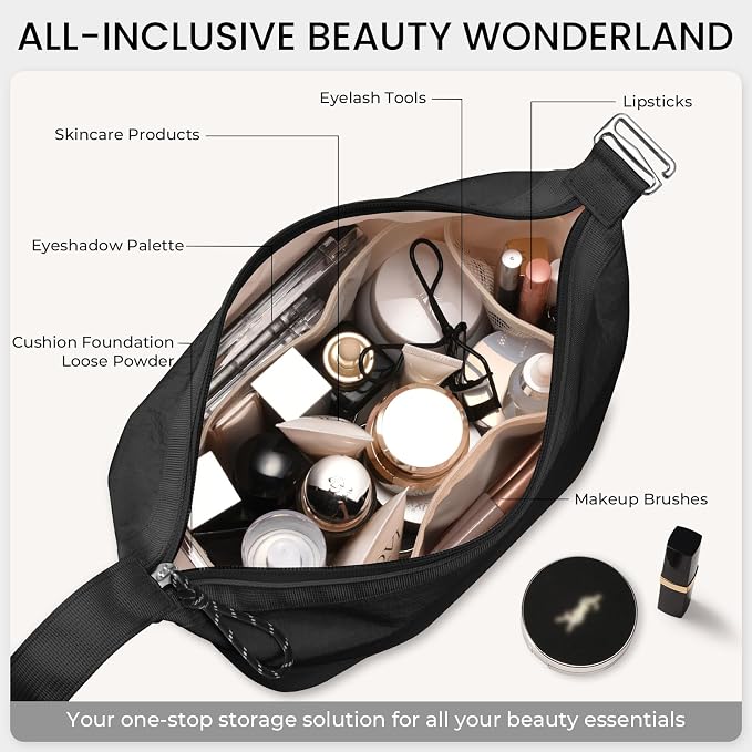 HauteHues Travel Makeup Bag for Women Large Capacity Cosmetic Handheld Portable Organizer Large Opening Waterproof Storage Toiletry Bags Black